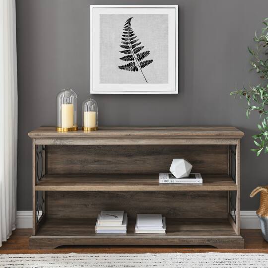 Walker Edison Gray Wash Lateral Bookshelf with Decorative Metal Sides